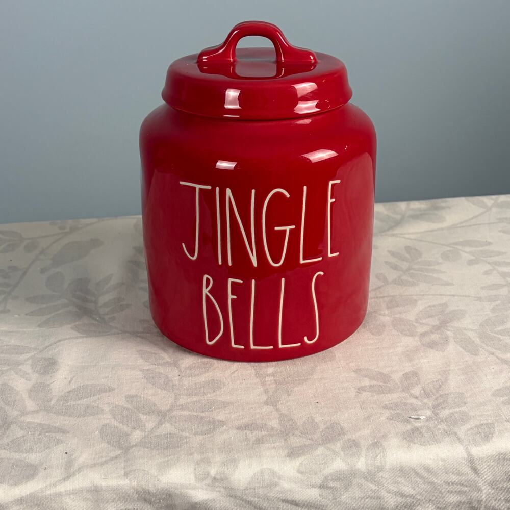 Rae Dunn “JINGLE BELLS" Red Chubby Cookie Jar Christmas Artisan Collection